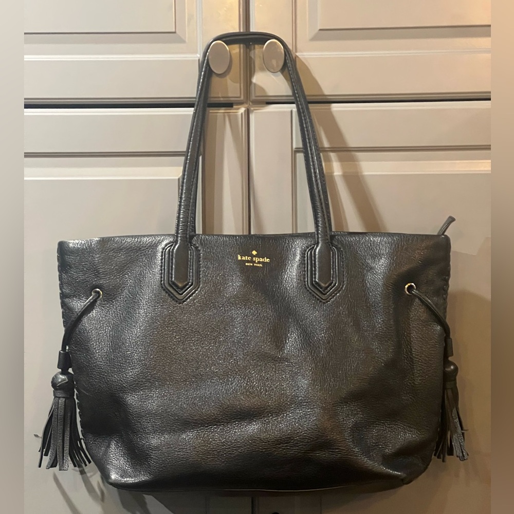 KATE SPADE Vintage Black Leather Tote with Tassel Accents